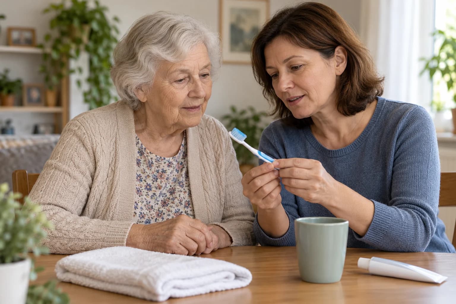 An older woman and her relative preparing a toothbrush at home.