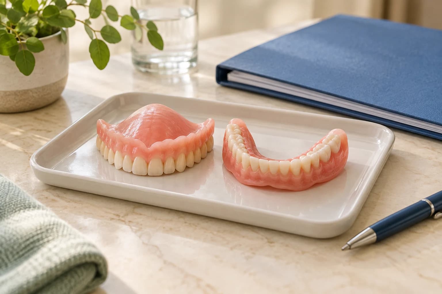 Upper and lower complete dentures beside a document folder.