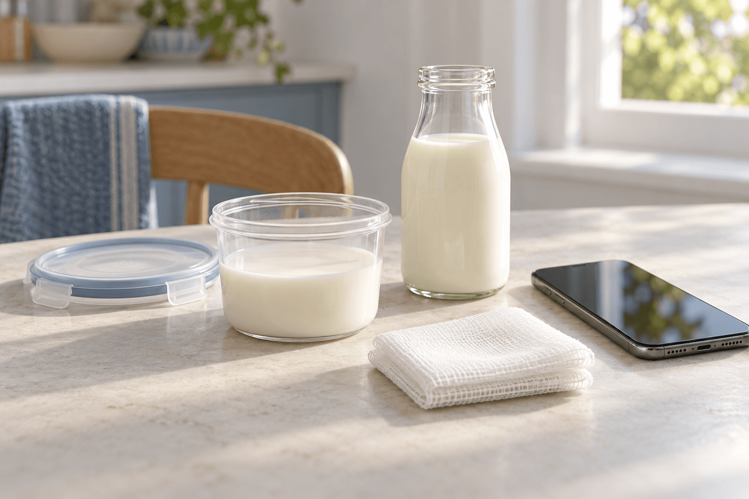 Sauberer Behälter mit Milch, eine Kompresse und ein Telefon für den Praxiskontakt.