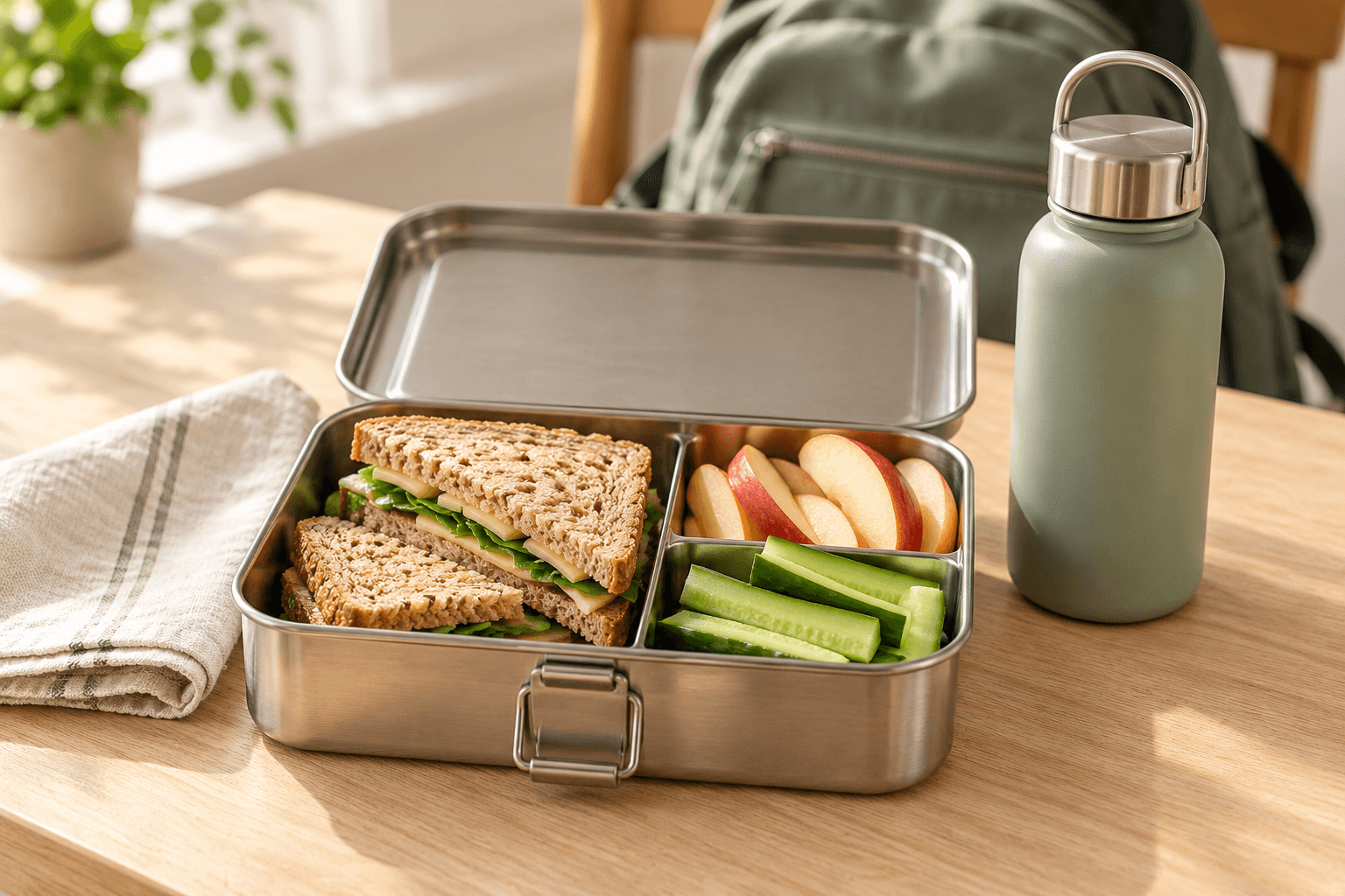 Brotdose mit Sandwich, geschnittenem Obst und Gemüse neben einer Wasserflasche.