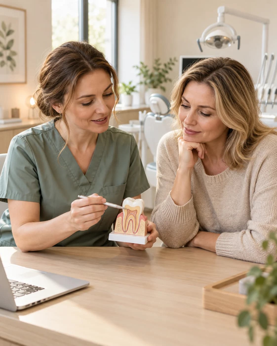 A dentist explains tooth anatomy using a teaching model.