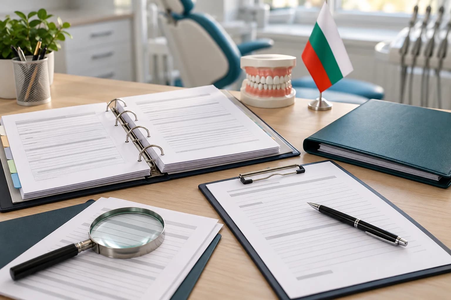 Folders and documents on a desk with a dental model and a Bulgarian flag.