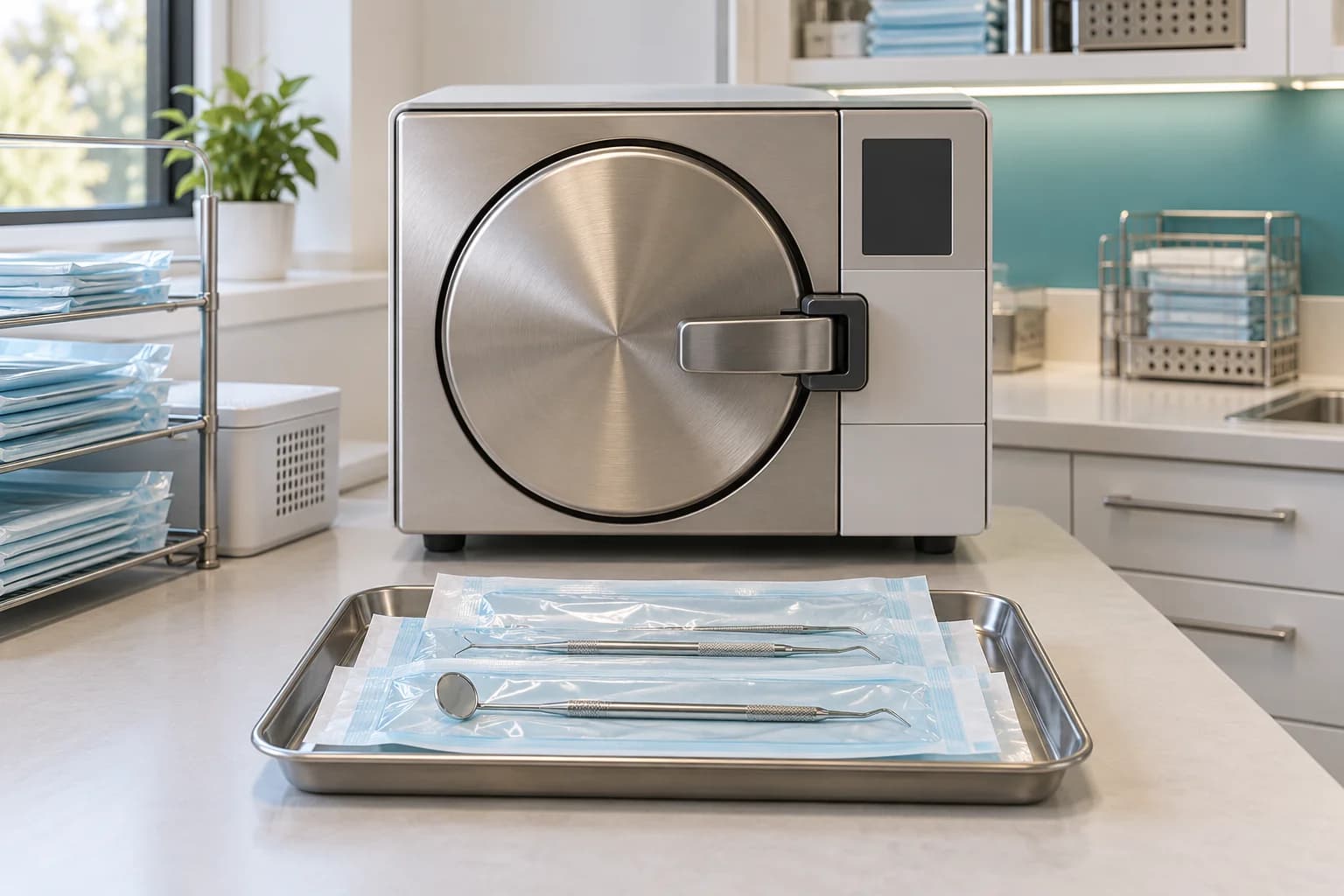 A benchtop sterilizer and a tray of dental instruments in sealed pouches.
