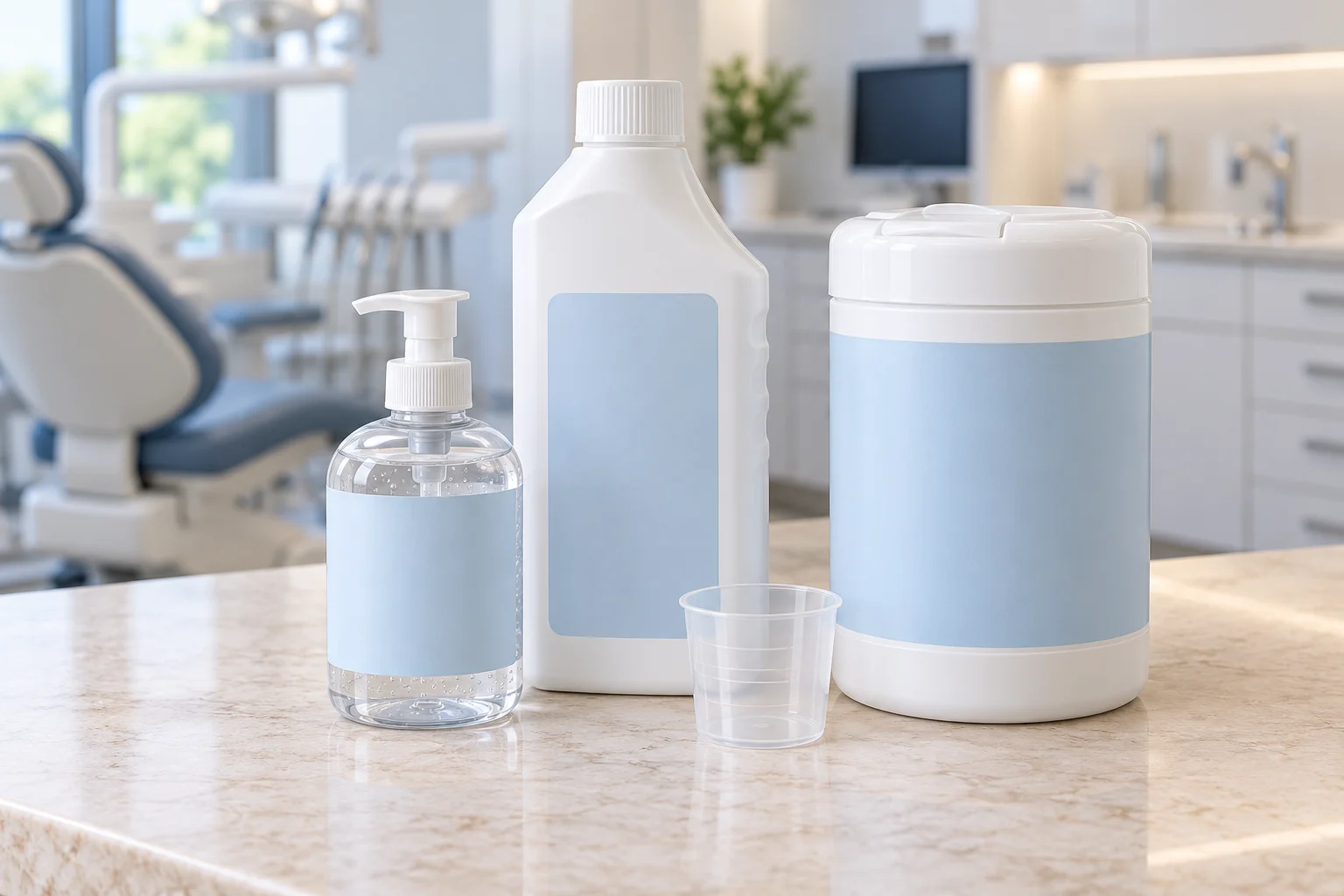 Disinfectant bottles, a wipes container and a measuring cup on a worktop.