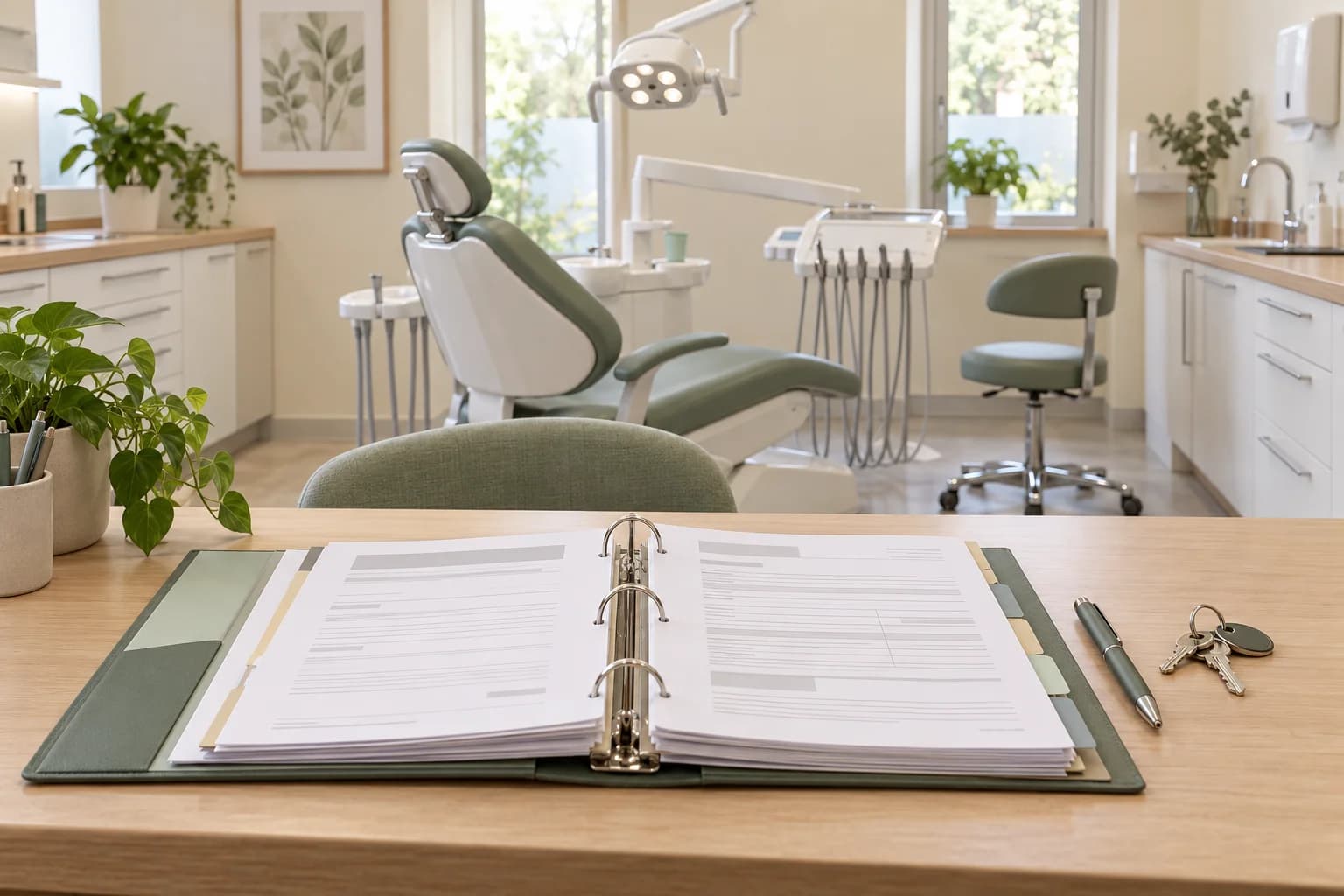 A binder of documents and keys on a desk in a dental practice.