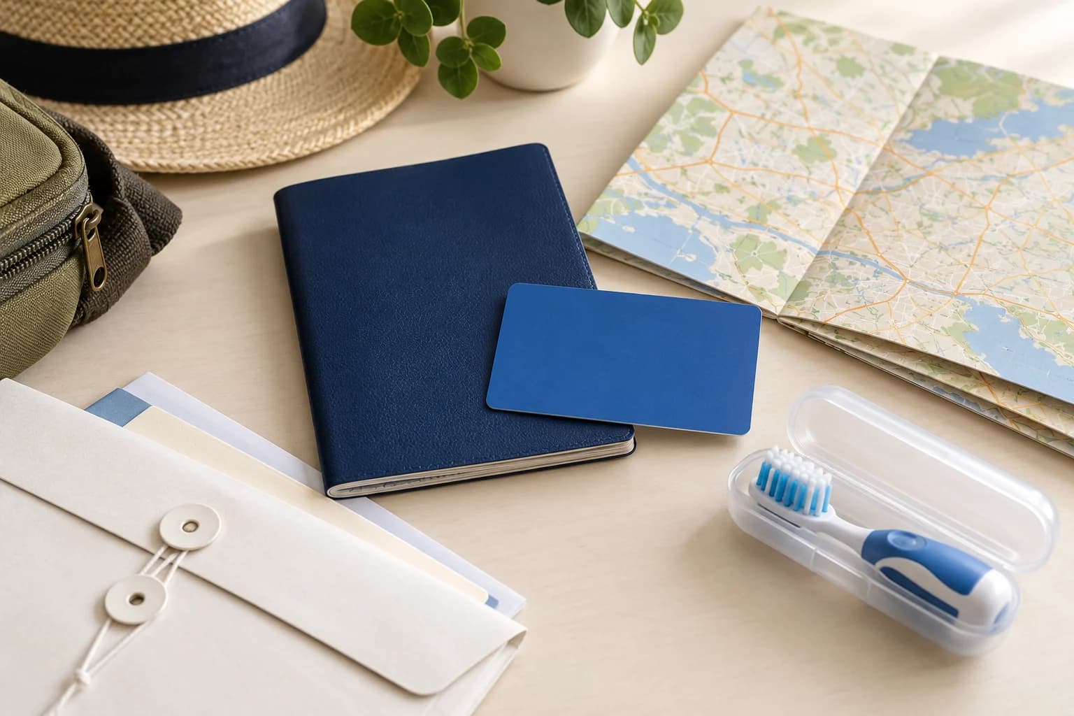 Travel documents, a blue card, a map and a travel toothbrush.