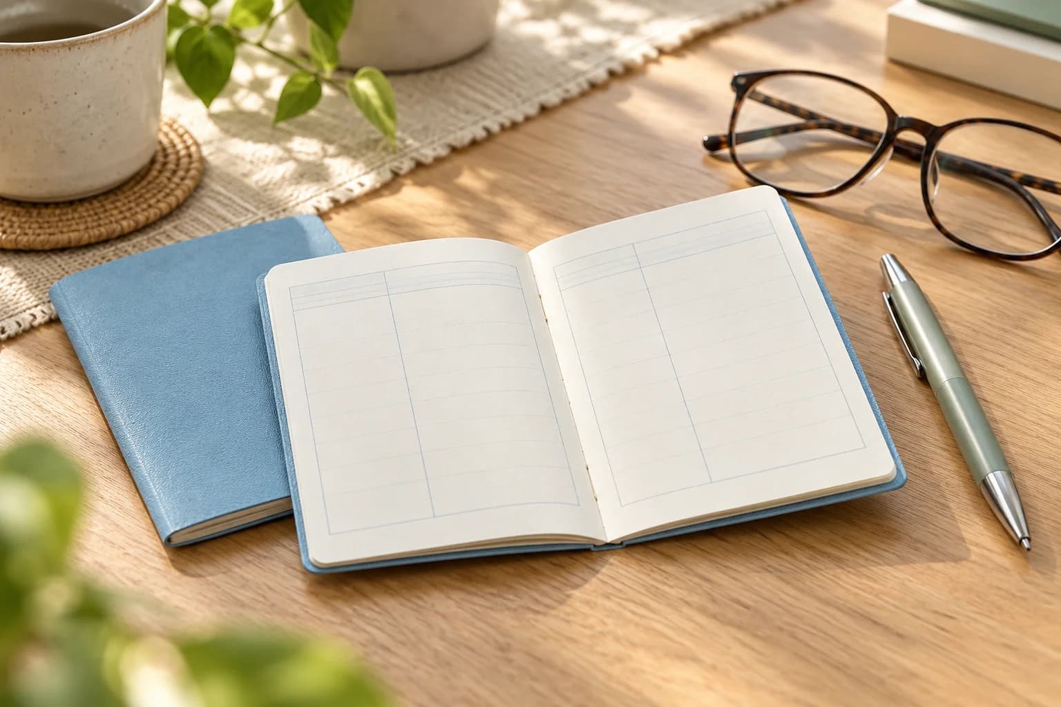 An open blue booklet, reading glasses and a pen on a table.