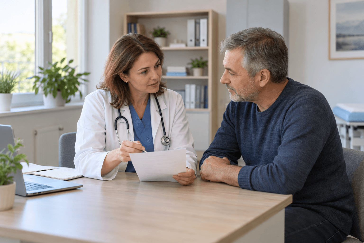 AI-generated illustration: a female doctor and an adult man discuss an information sheet in an office.