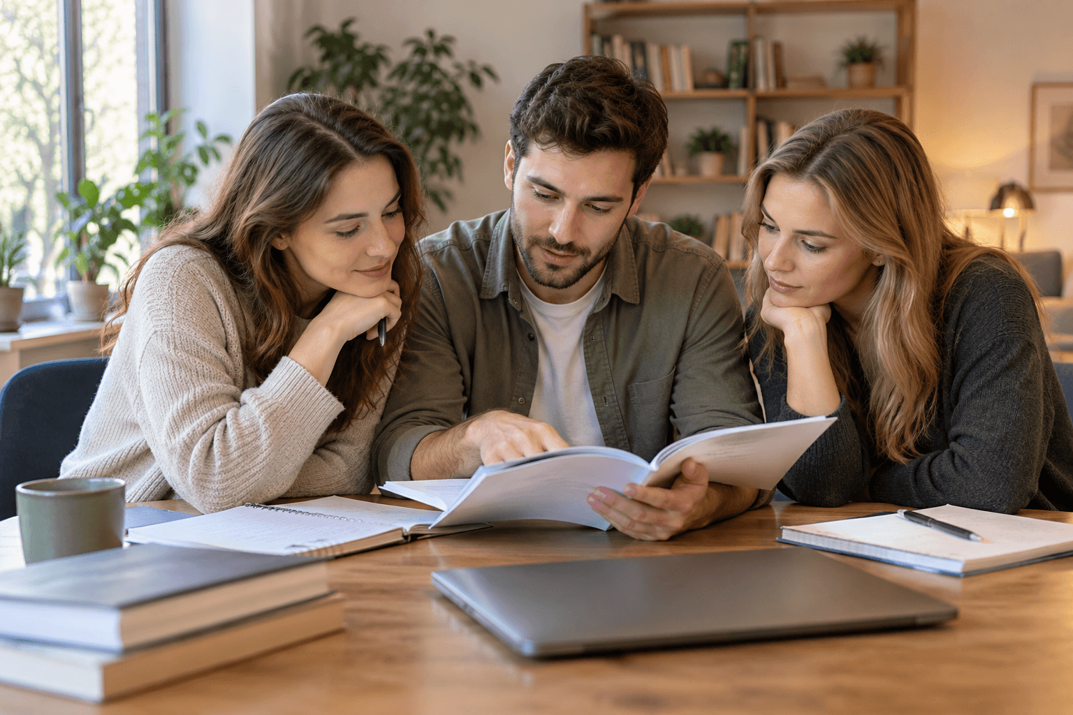 AI-generated illustration: three adults discuss learning materials at a table.