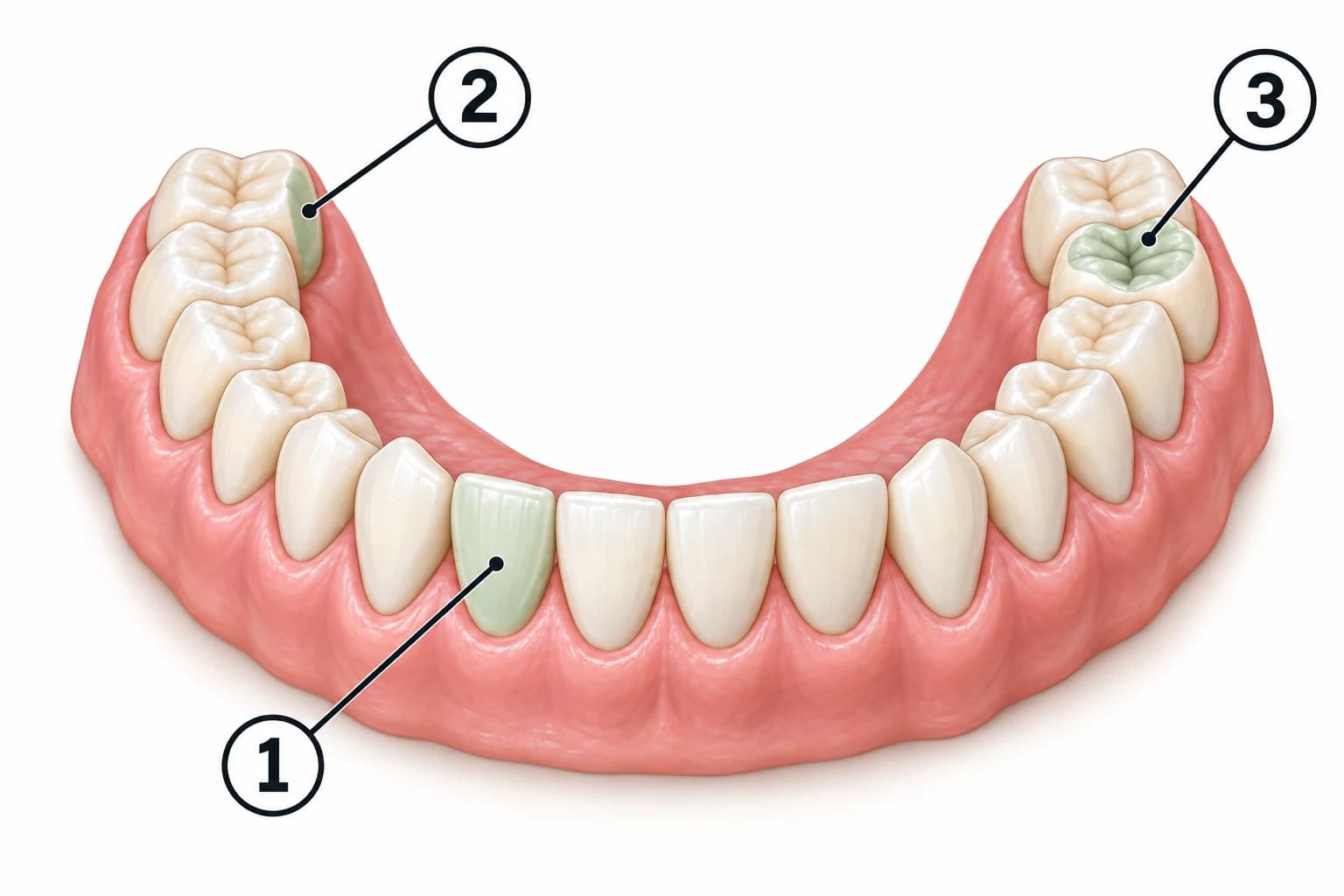 A lower dental arch with the outer, inner and chewing surfaces marked.