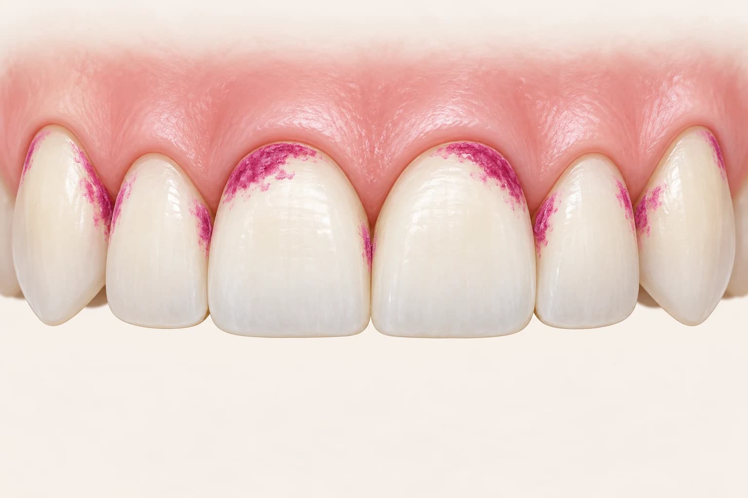 Plaque stained dark pink near the gumline and between the upper front teeth.